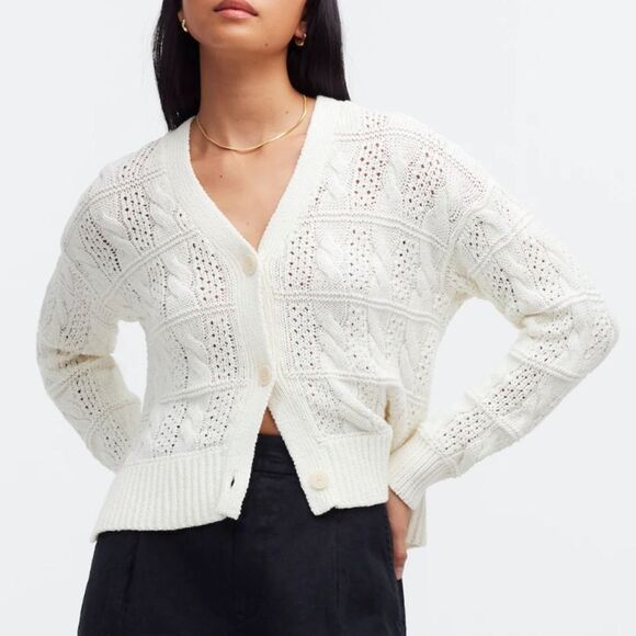 NWT Madewell Open Cable-Stitch Cardigan Sweater Women's Size M Bright Ivory - Picture 1 of 16